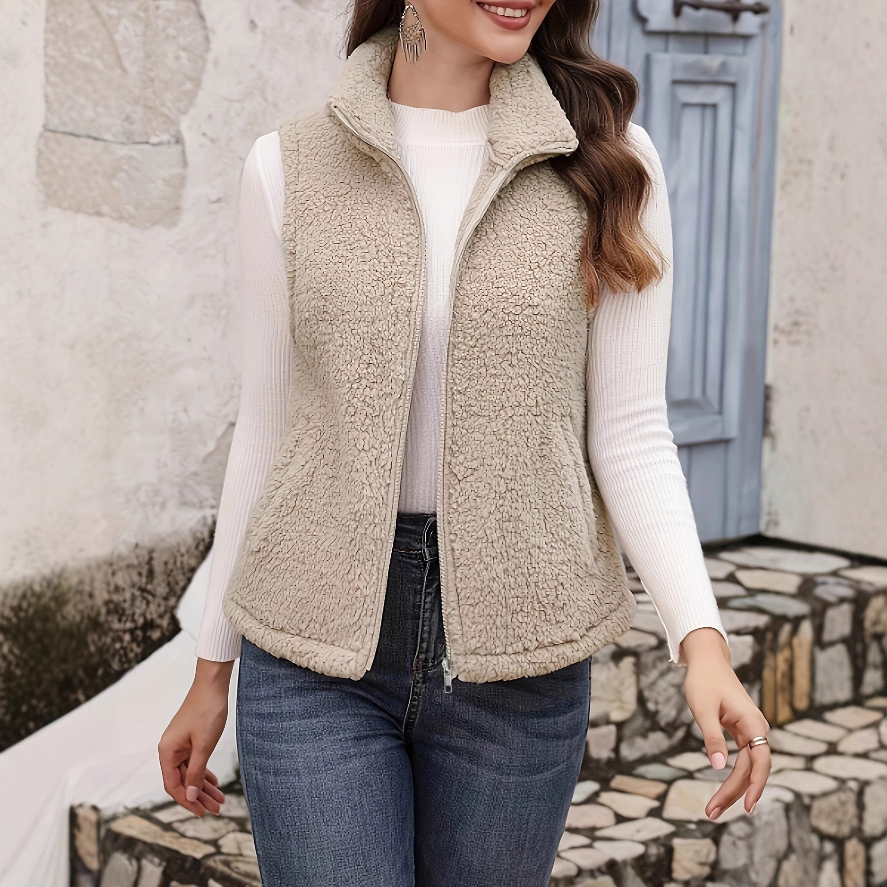 Plush Stand-up Collar Sleeveless Zippered Lightweight Vest With Pockets For Comfort