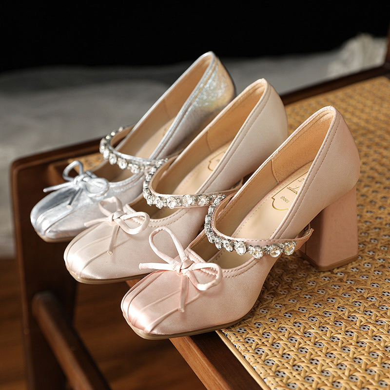 Women's Bow-Tied Square-Toe Rhinestone Chunky Heel High Heels
