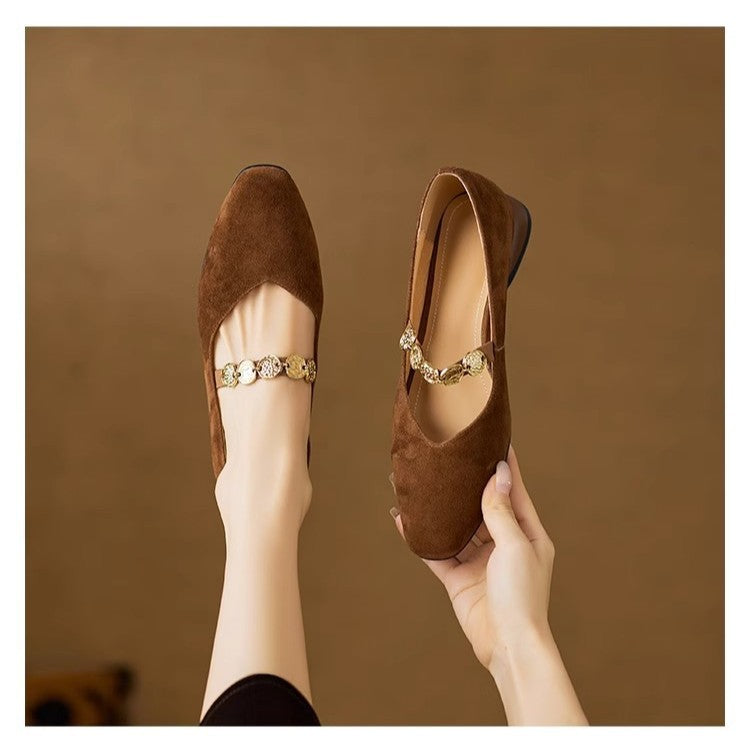 French Retro Square Toe Low-cut Suede Pumps Women's Autumn New