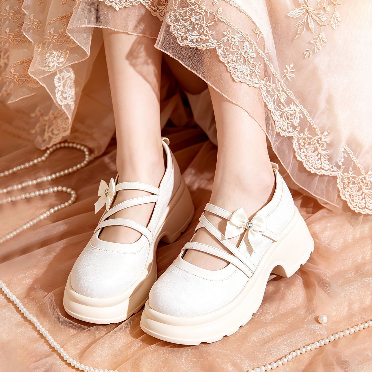 Sweet Bow Platform Mary Jane Shoes, Ivory Chunky Sole Pumps For Daily Wear