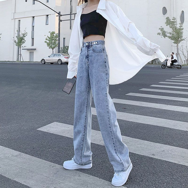 Light Blue Womens Straight-leg Loose-fitting Jeans