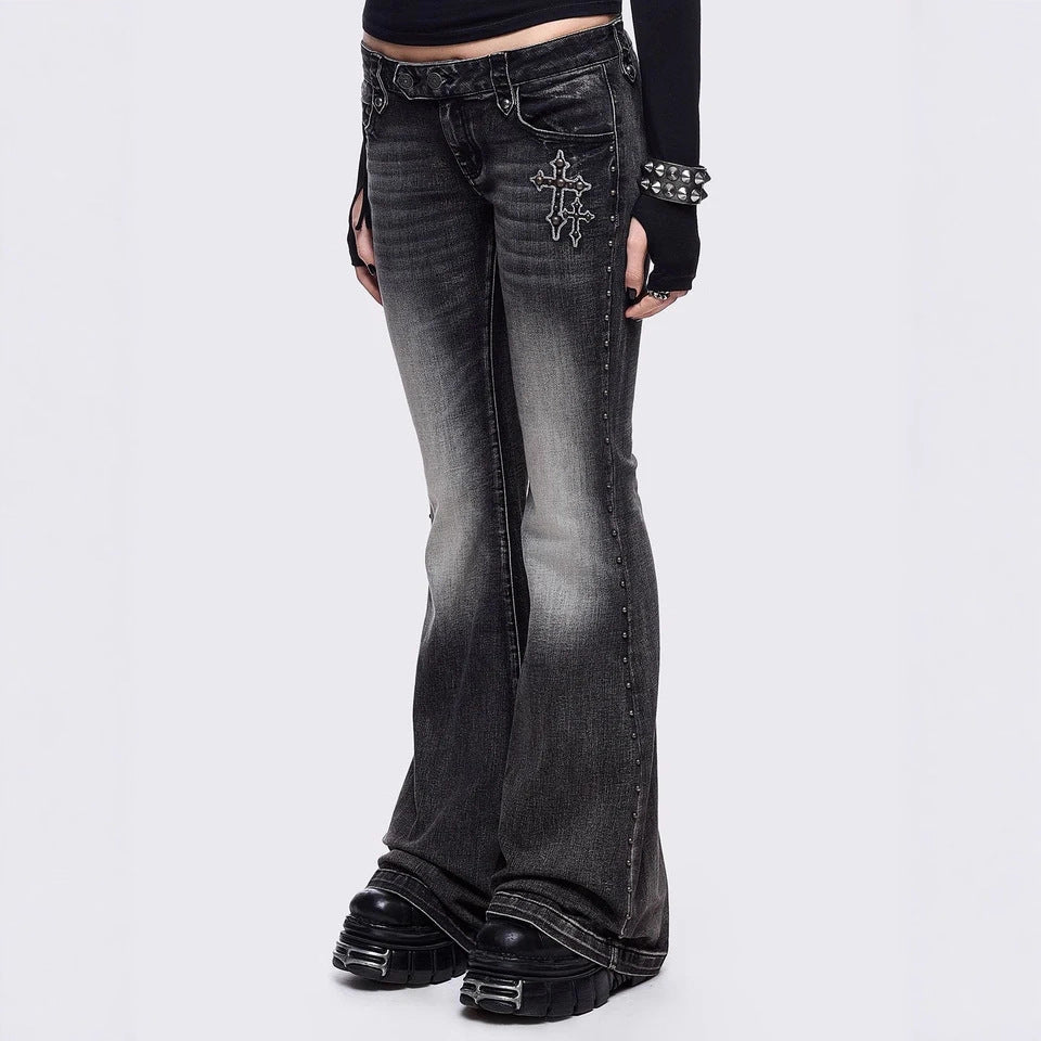 Womens Retro Wing-Pattern Slim-Fit Jeans