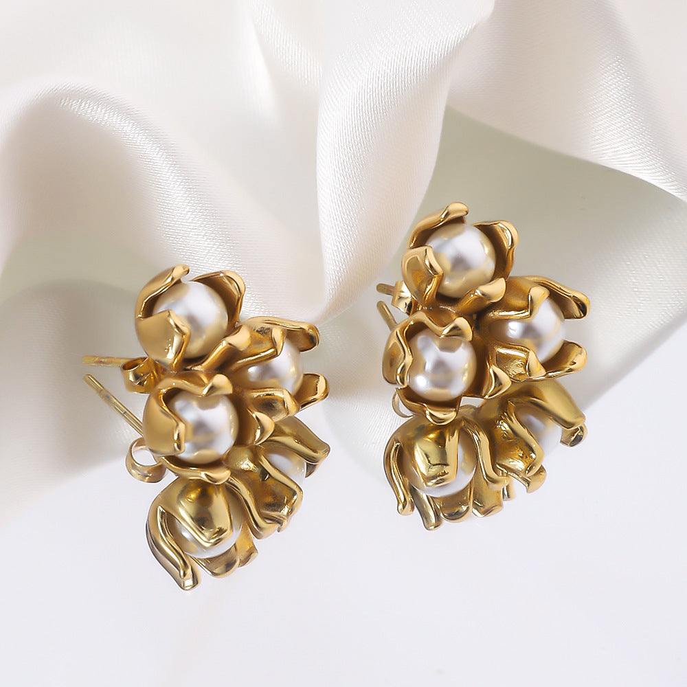 Stainless Steel Earrings Temperament Colorfast Plating 18K Dold Pearl