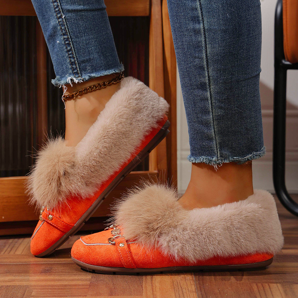 Cotton-padded With Velvet Lightweight And Comfortable Skin-friendly Plush Comfortable Versatile Women's Shoes