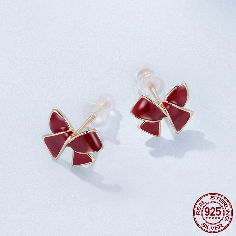 Silver Ziyun Original Wine Red Bow Stud Earrings