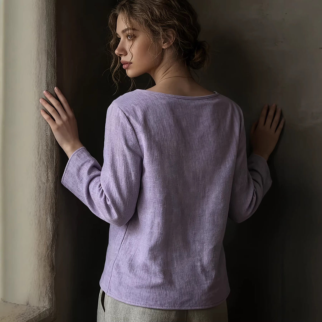 Lace-trimmed Patchwork Artistic Vintage Laid-back Style Loose Boat-neck Long-sleeve Top