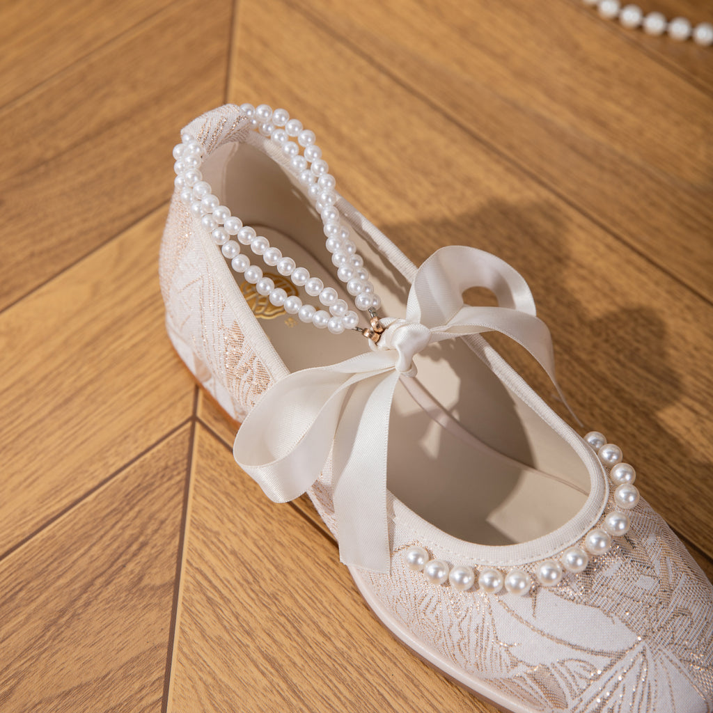 2026 New Jacquard Mary Jane Low Heel Women's Shoes - Pearl Ribbon Bow Square Toe Flared Single Shoes - Soft And Versatile Wedding Shoes